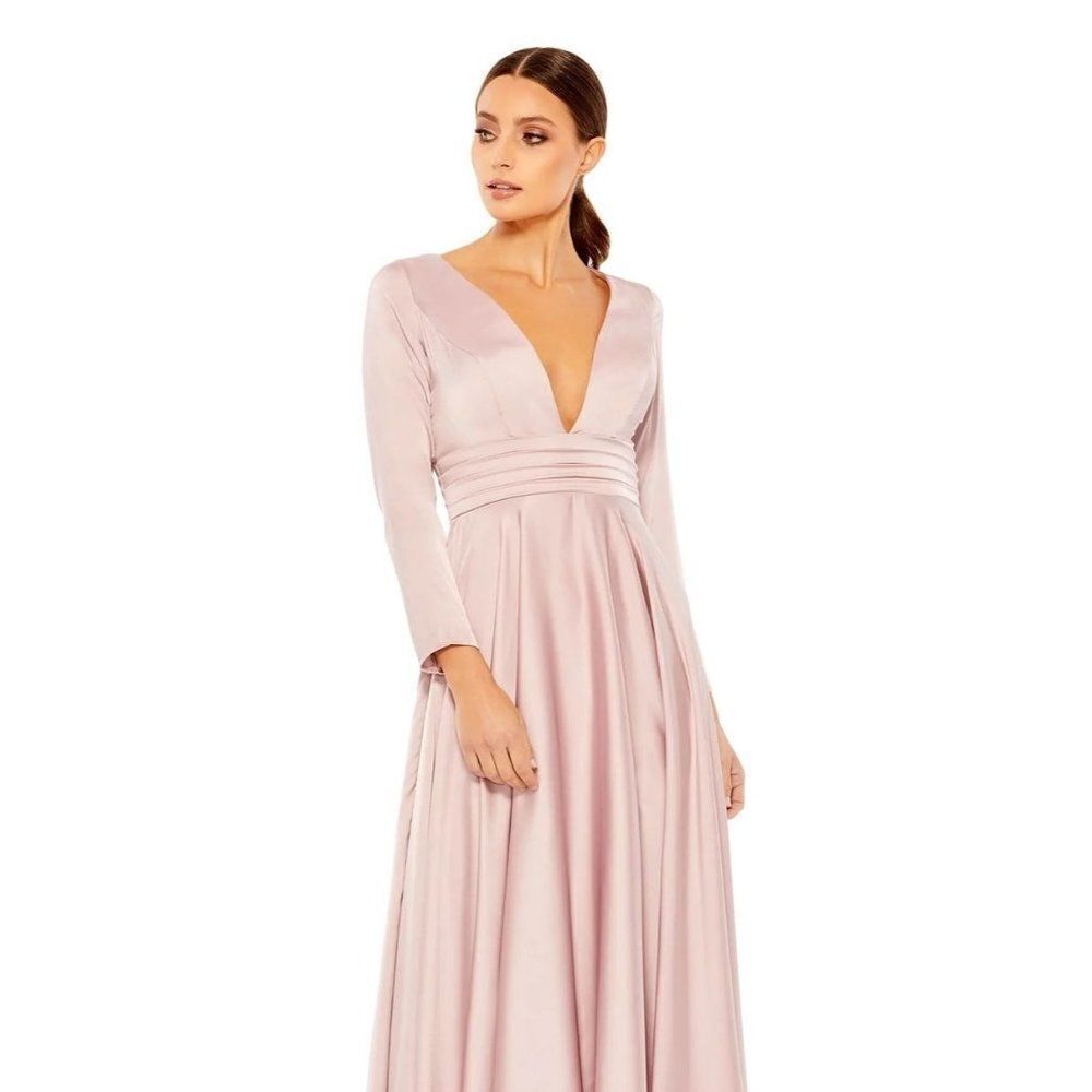 NEW Mac Duggal Rose Pink Punge Neck Satin A-line Midi Formal Dress Long Sleeve S